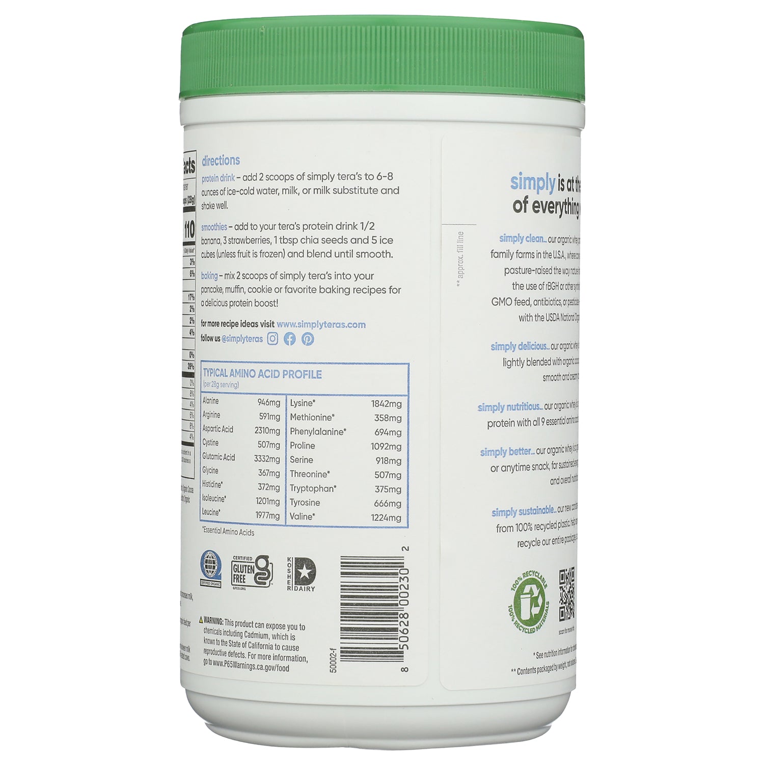 TER009 | Back of simply tera's whey protein tub with directions and typical amino acid profile panel
