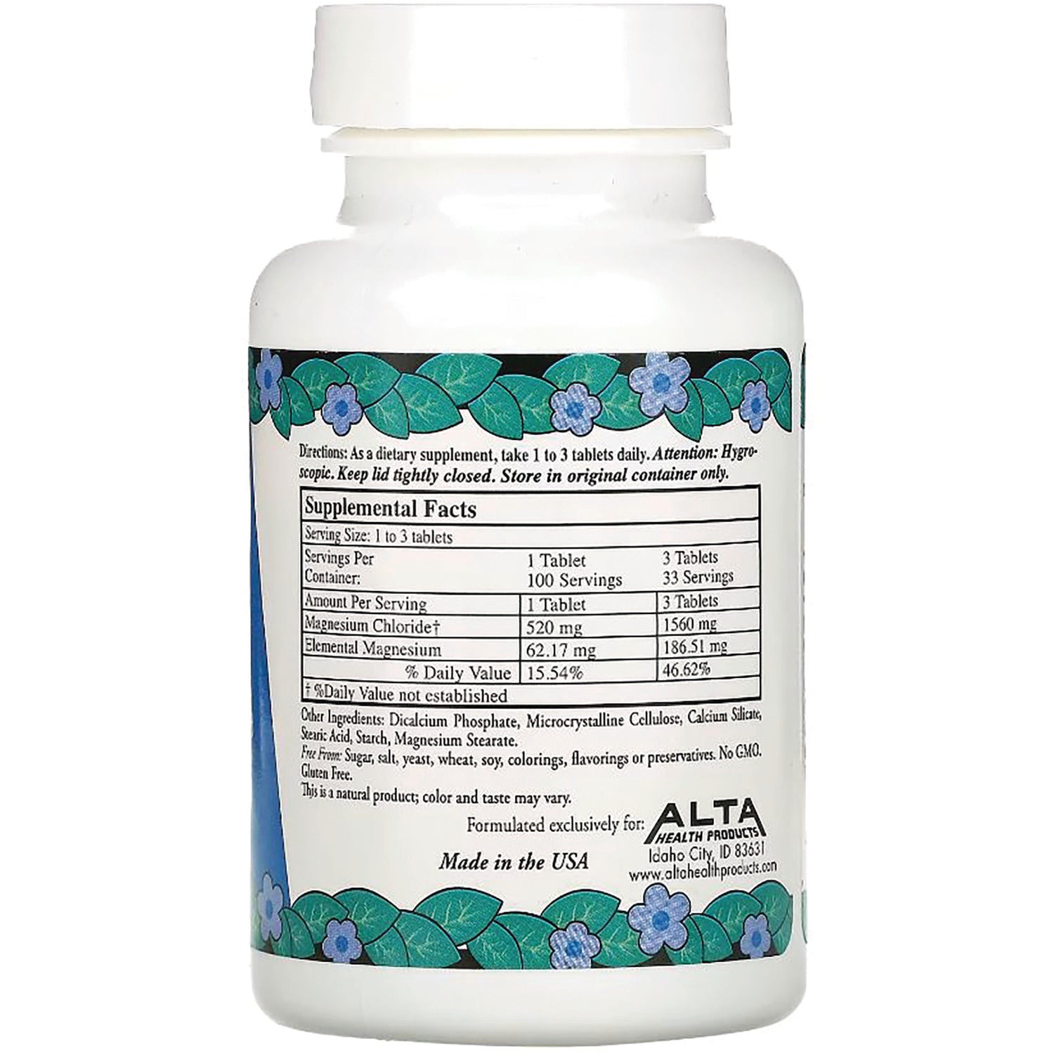 AH017 | Back label showing Supplemental Facts table, ingredients list and ALTA logo on a white supplement bottle