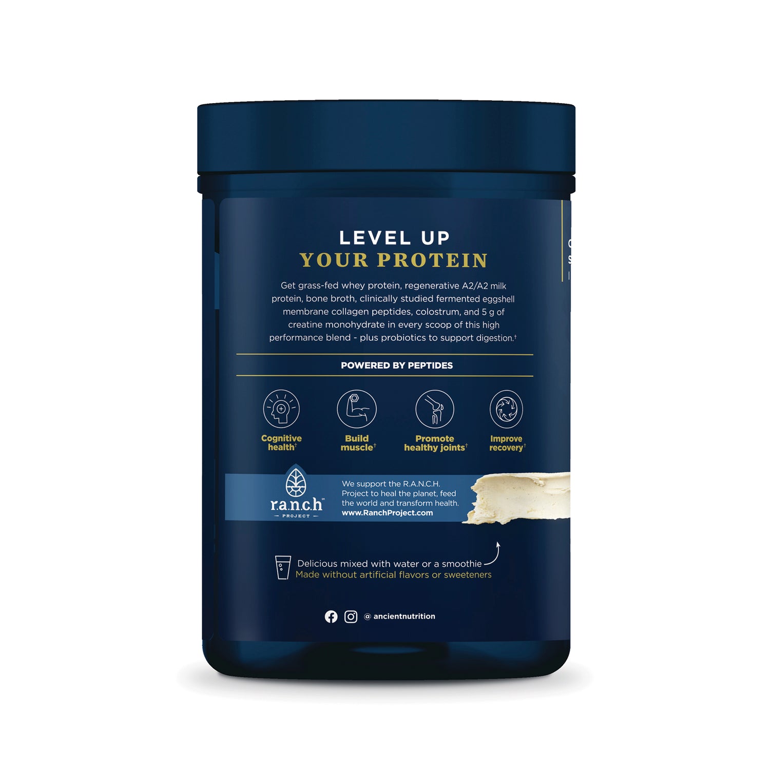 ATN153 | Ancient Nutrition protein powder tub label with benefits, Ranch Project logo, and mix-with-water directions