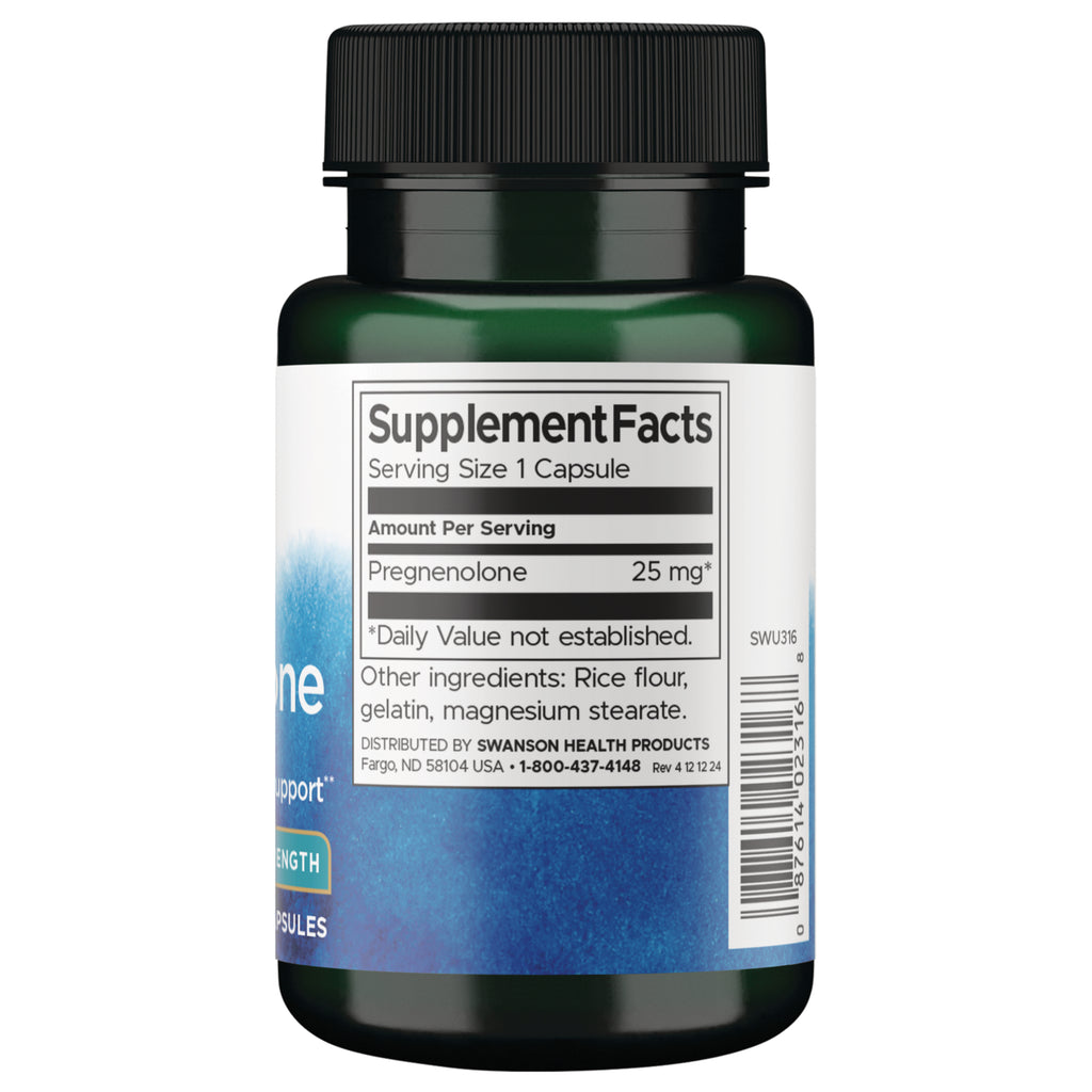 SWU316 | Back label showing Supplement Facts: Pregnenolone 25 mg per capsule and other ingredients - Thumbnail