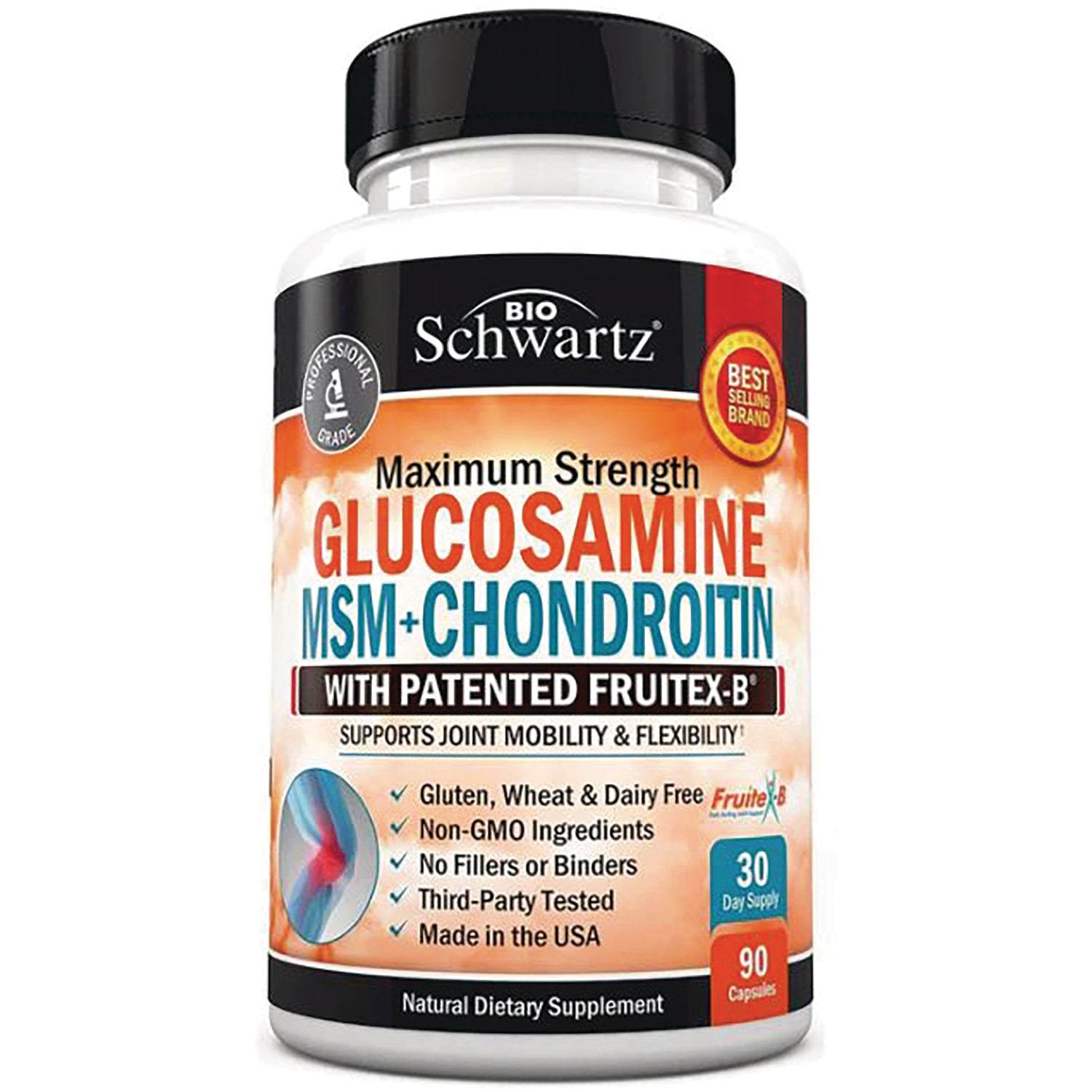 BSZ016 | BioSchwartz Maximum Strength Glucosamine MSM+Chondroitin supplement bottle, 90 capsules
