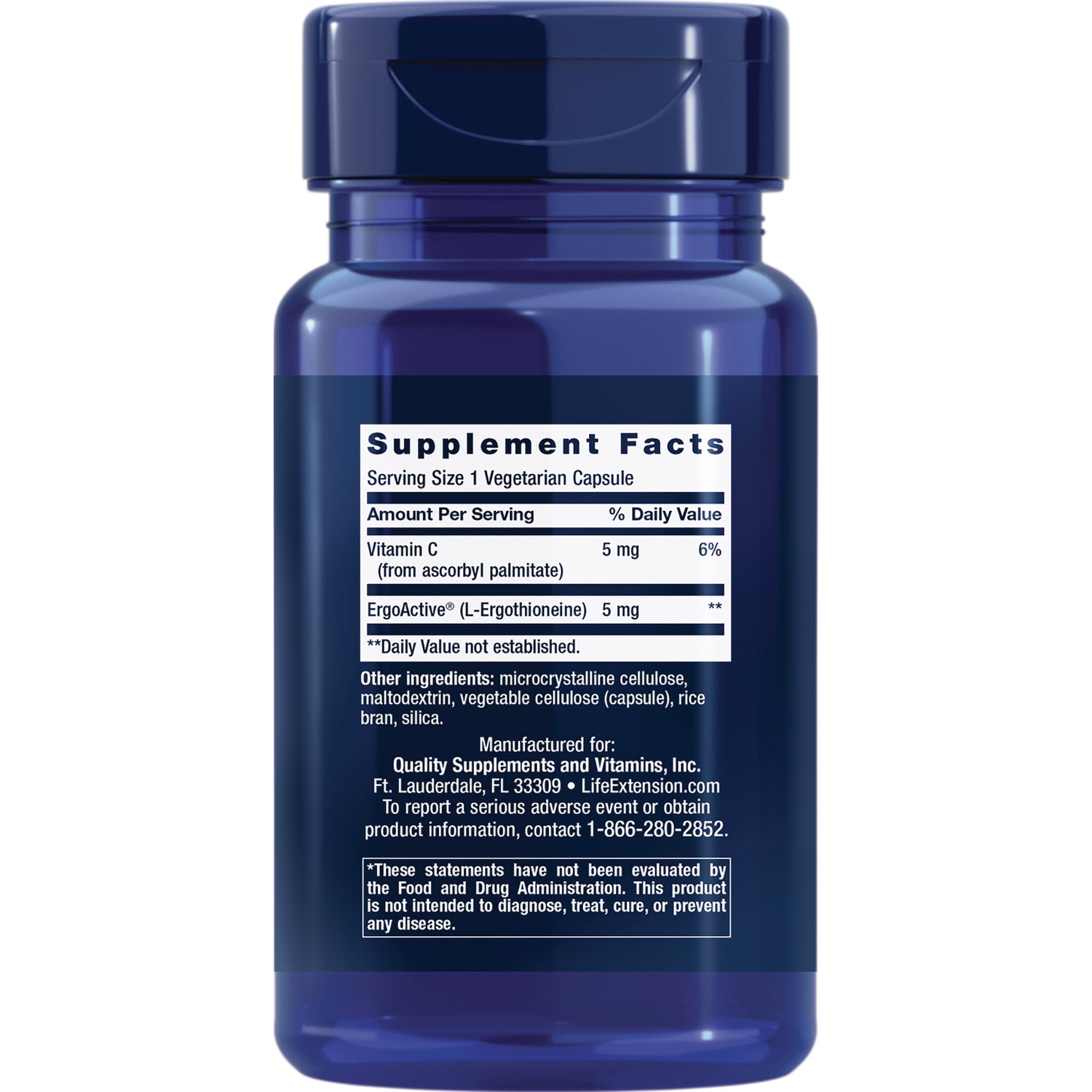 LE582 | Supplement Facts label on back of blue supplement bottle showing serving size, ingredients, and warnings