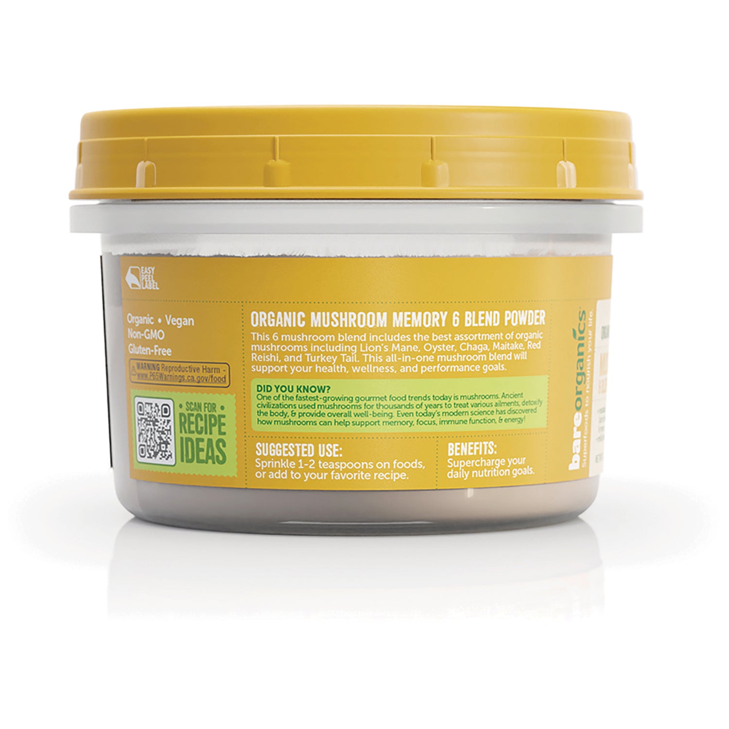 Plastic tub back label for organic mushroom Memory 6 blend powder with yellow lid, QR code, suggested use and benefits