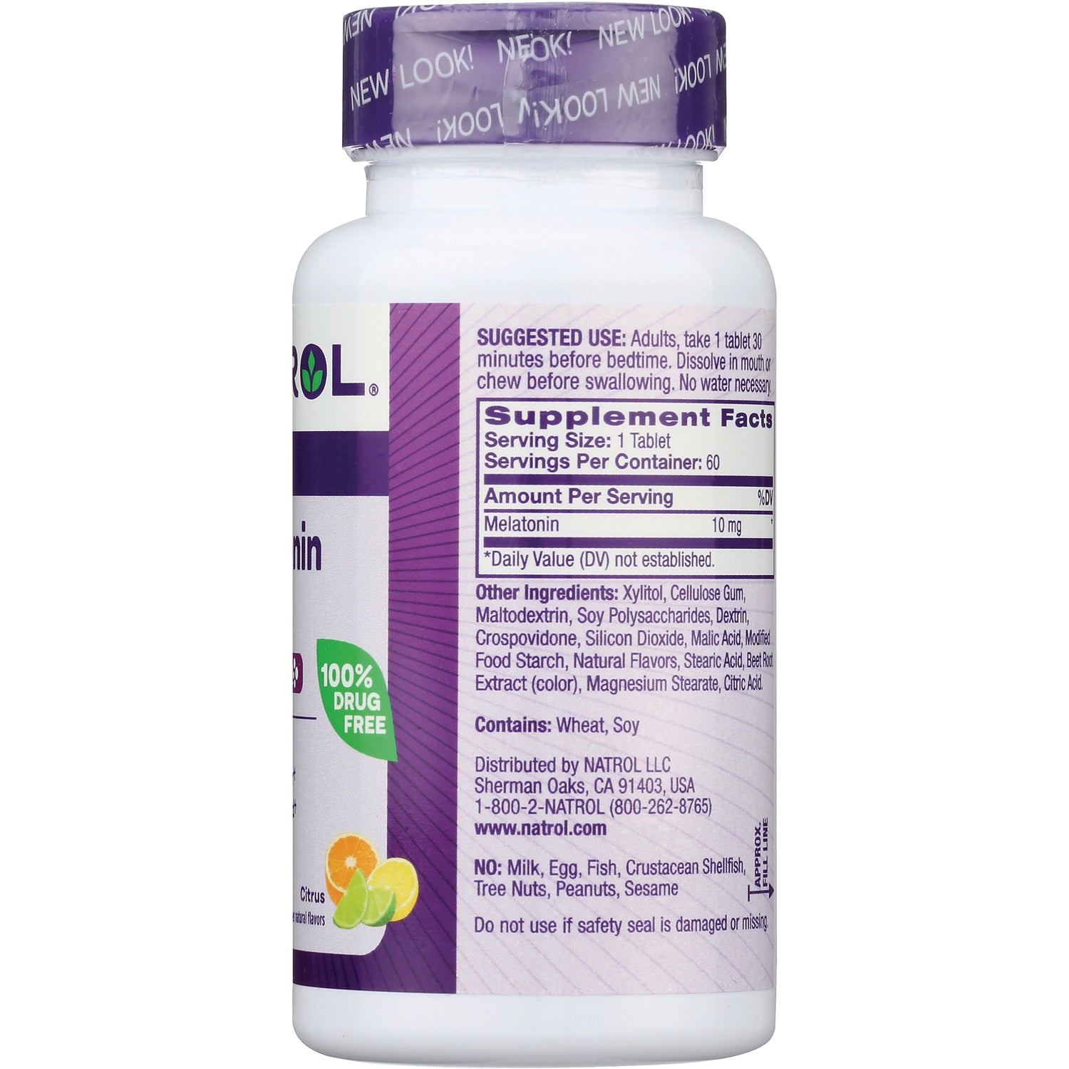 NA619 | Back label showing Supplement Facts and ingredient list for melatonin 10 mg tablets