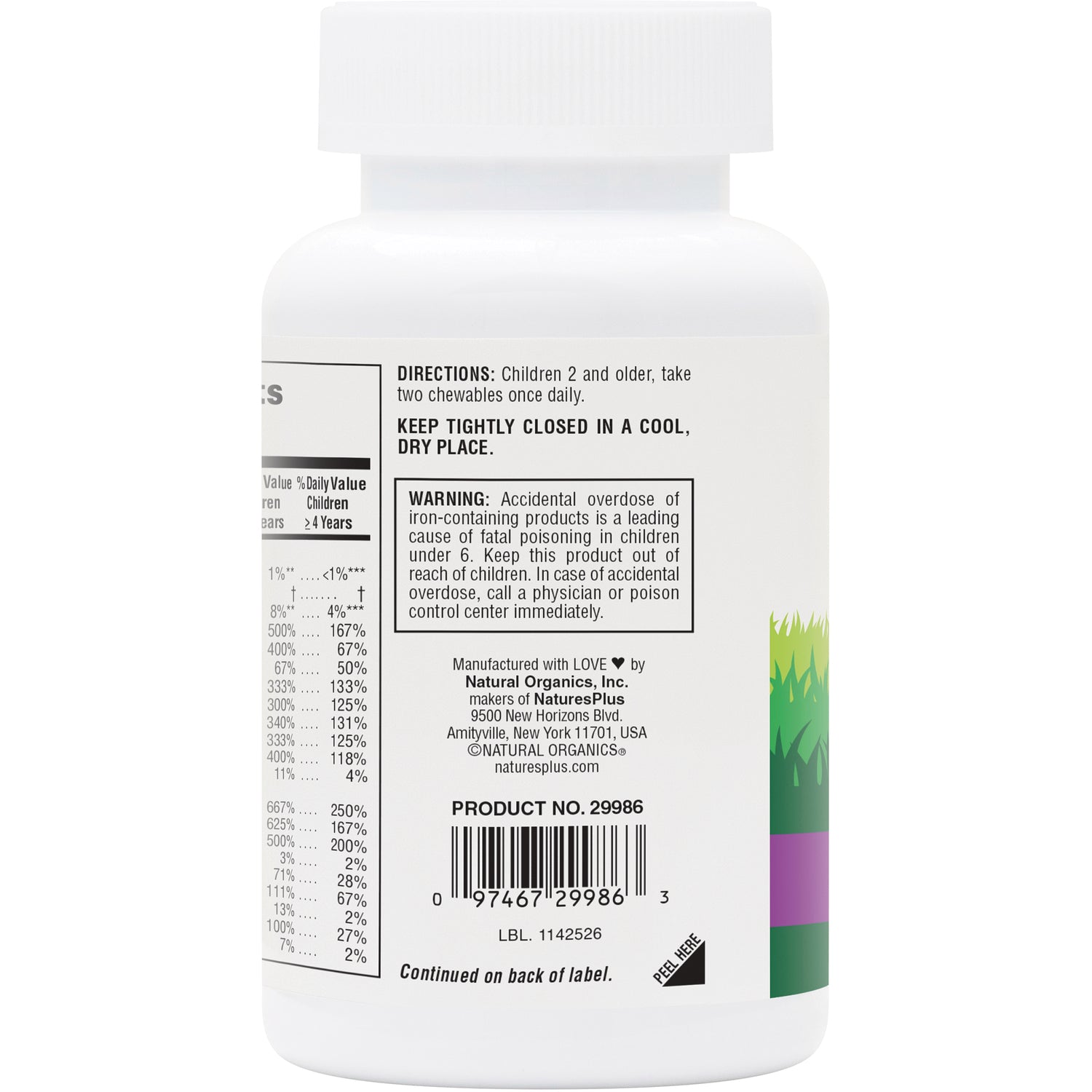 NTP011 | Back label of white supplement bottle showing directions, warning box, nutrition panel and barcode