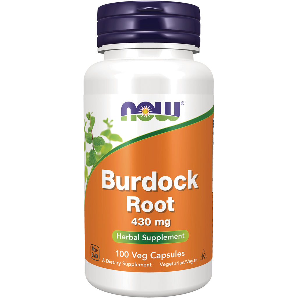 NWF530 | NOW Burdock Root 430 mg herbal supplement bottle with front label showing 100 Veg Capsules - Thumbnail