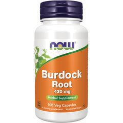 NWF530 | NOW Burdock Root 430 mg herbal supplement bottle with front label showing 100 Veg Capsules