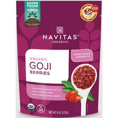 Navitas Organics pouch labeled Organic Goji Berries with spoon of dried berries and USDA Organic and Non GMO badges