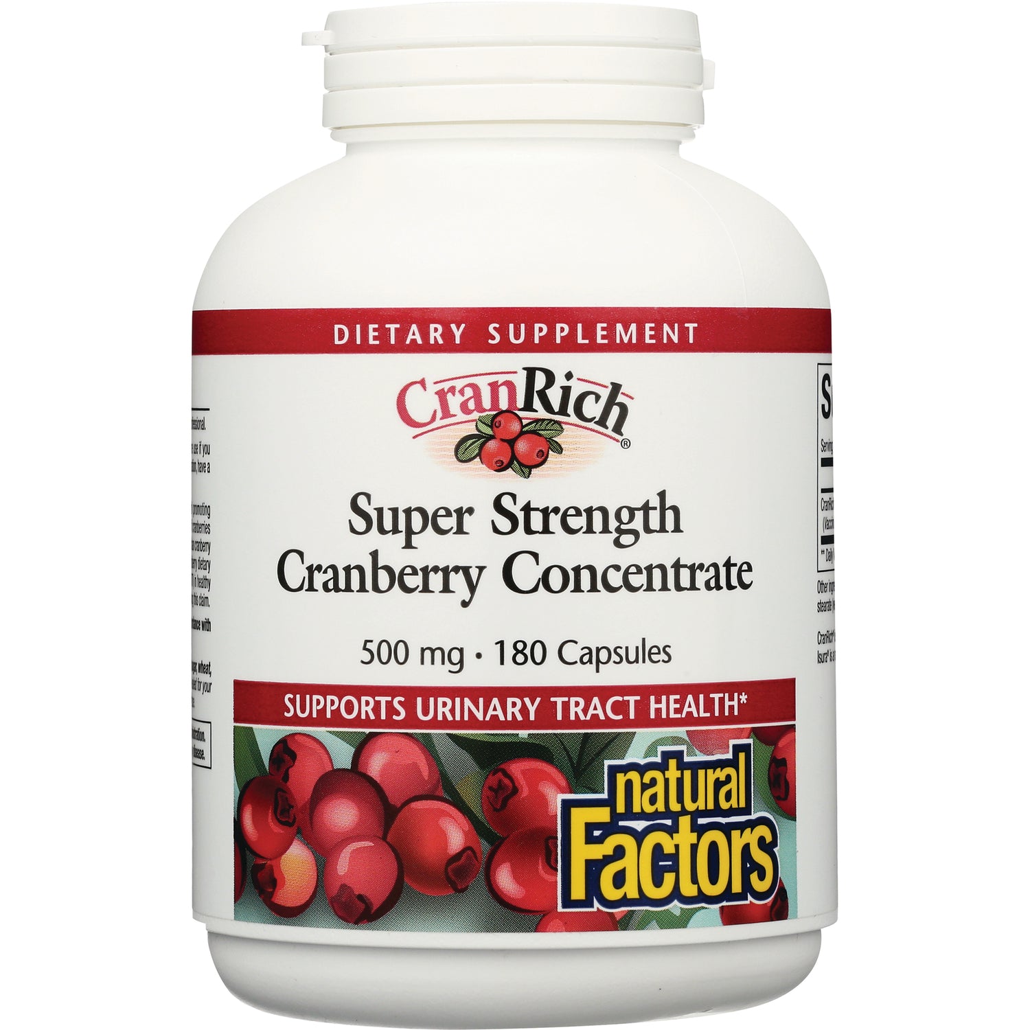 NFC143 | White bottle front label: CranRich Super Strength Cranberry Concentrate 500 mg, 180 capsules, supports urinary tract health