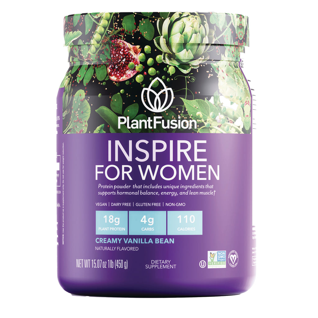 PFU028 | PlantFusion Inspire for Women creamy vanilla bean protein powder tub front label showing 18g plant protein and 110 calories - Thumbnail