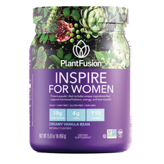 PFU028 | PlantFusion Inspire for Women creamy vanilla bean protein powder tub front label showing 18g plant protein and 110 calories