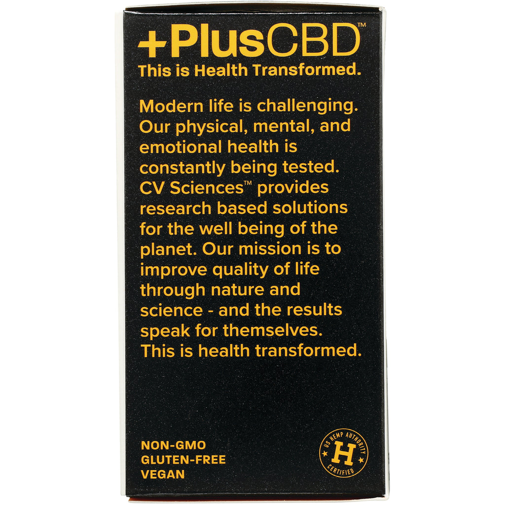 PlusCBD black product panel with yellow text stating brand mission and non-GMO, gluten-free, vegan claims - Thumbnail