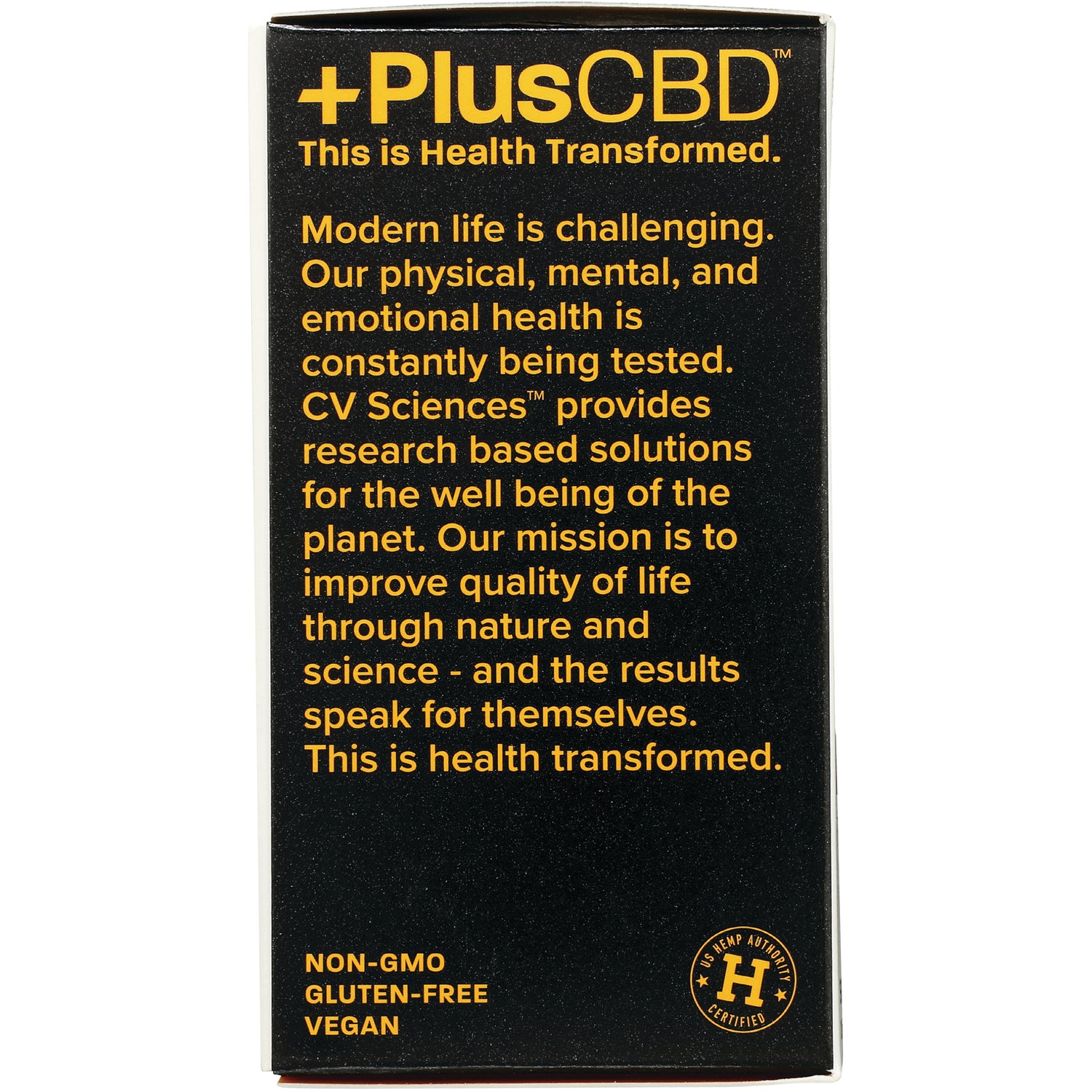 PlusCBD black product panel with yellow text stating brand mission and non-GMO, gluten-free, vegan claims