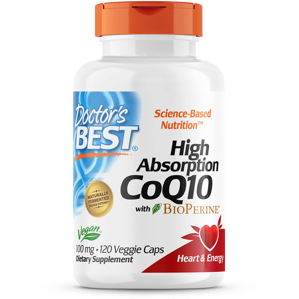 DB157 | Doctor's Best High Absorption CoQ10 100 mg bottle, 120 Veggie Caps, white bottle with orange cap - Thumbnail