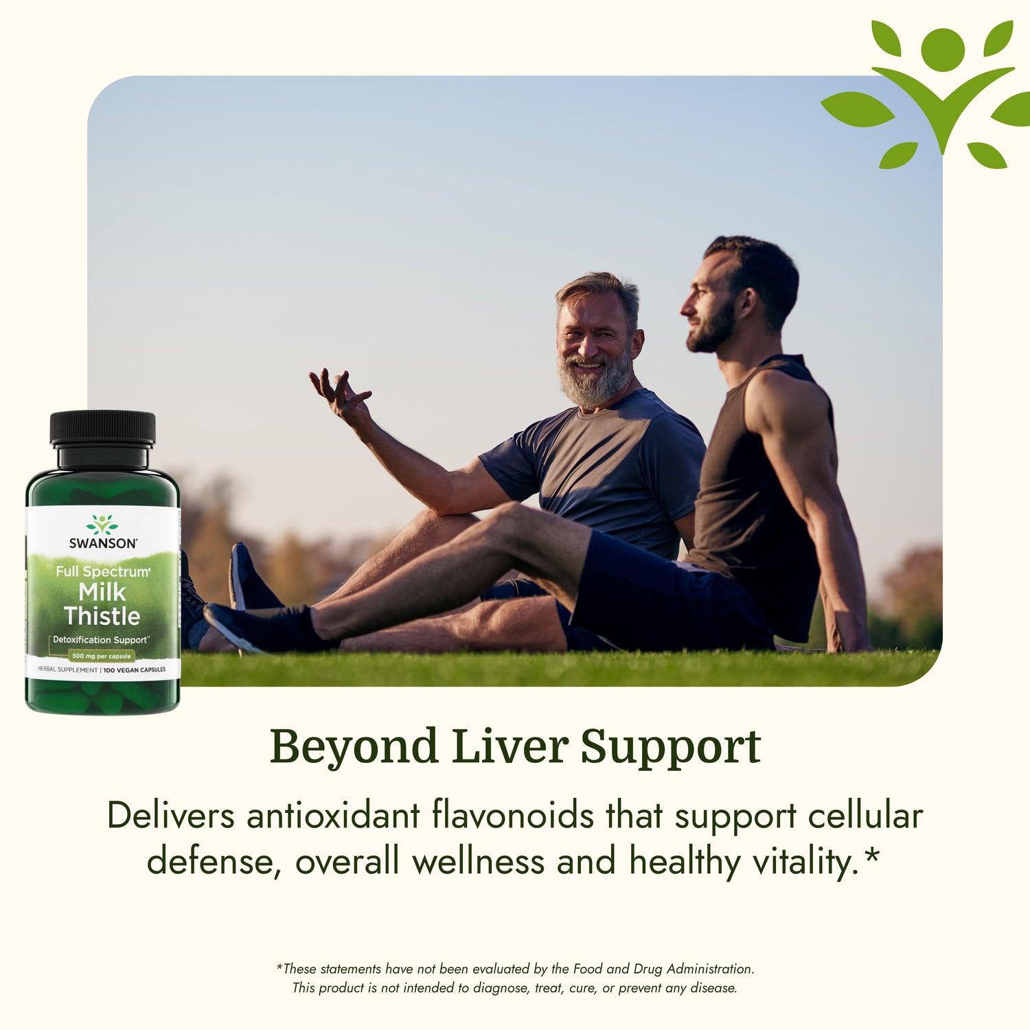 SW966 | Supplement bottle beside two men relaxing outdoors with text about antioxidant flavonoids and wellness