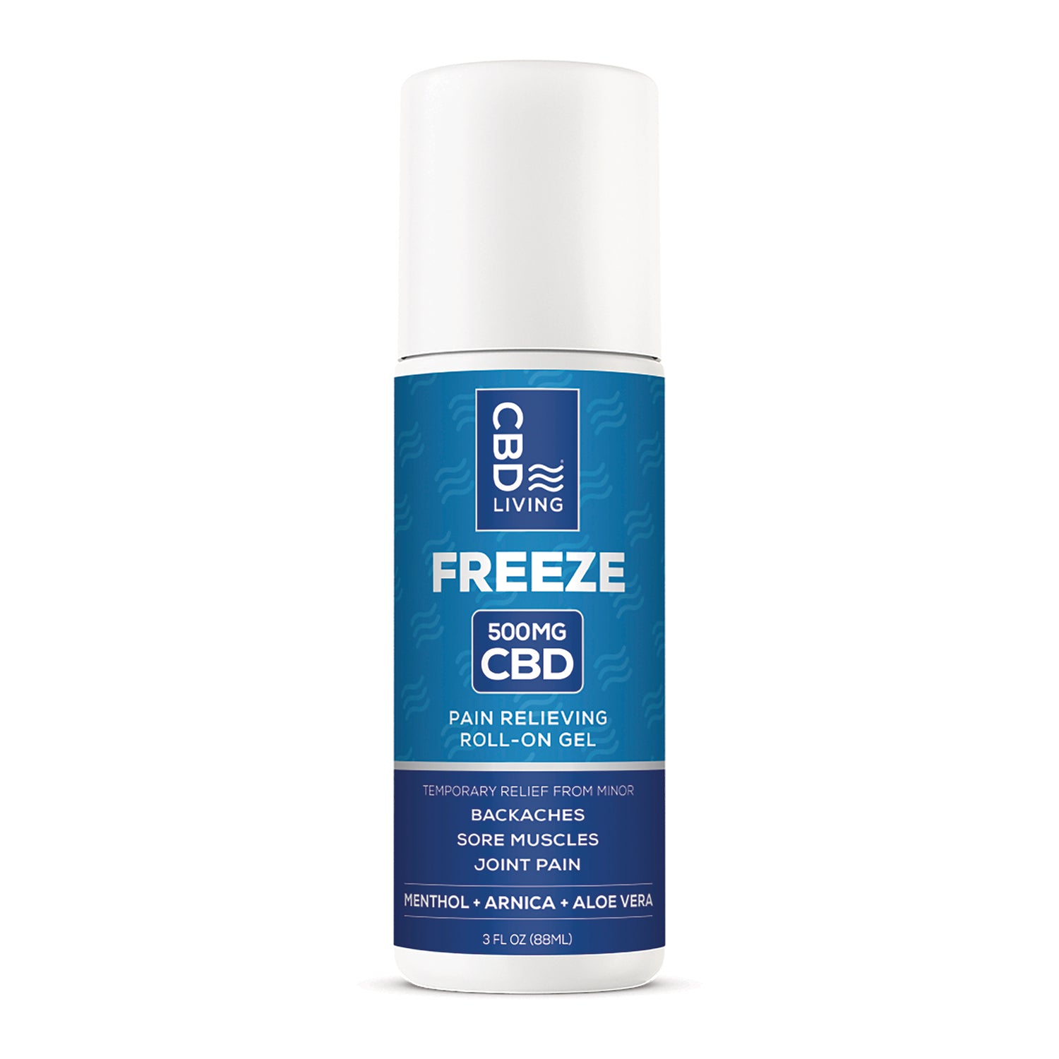 CBD007 | CBD Living Freeze roll-on bottle labeled CBD Living Freeze 500 mg CBD Nano CBD 3 fl oz