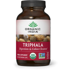 RGN078 | Organic India Triphala herbal supplement bottle front, Digestion & Colon Cleanse label, 180 vegetarian caps, USDA Organic