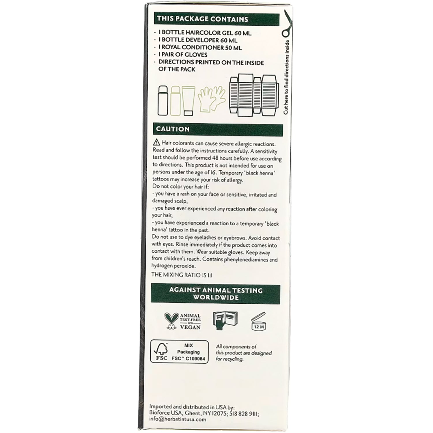 HBT002 | Back of hair color box showing package contents, caution text and recycling and vegan icons