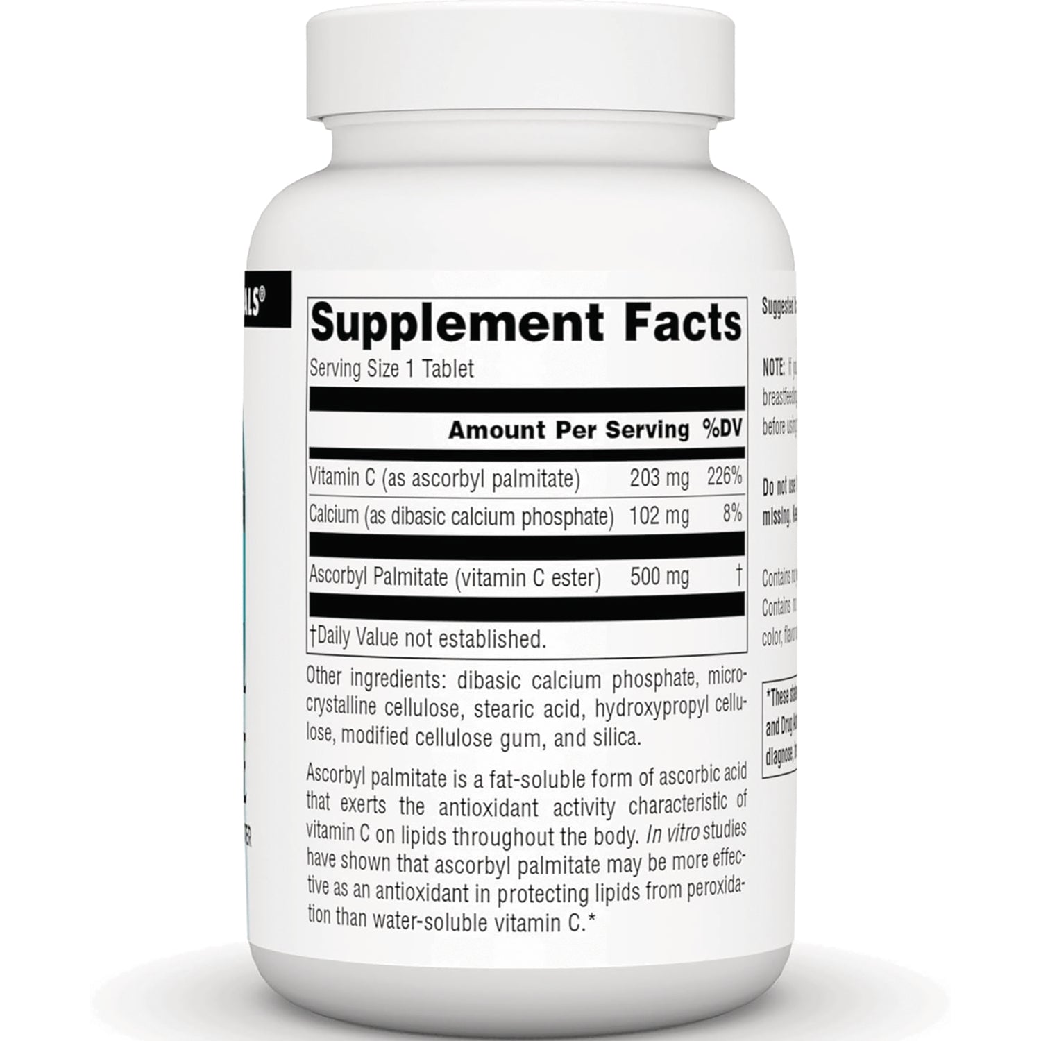 SN526 | Back label with Supplement Facts and ingredients for vitamin C and calcium tablets