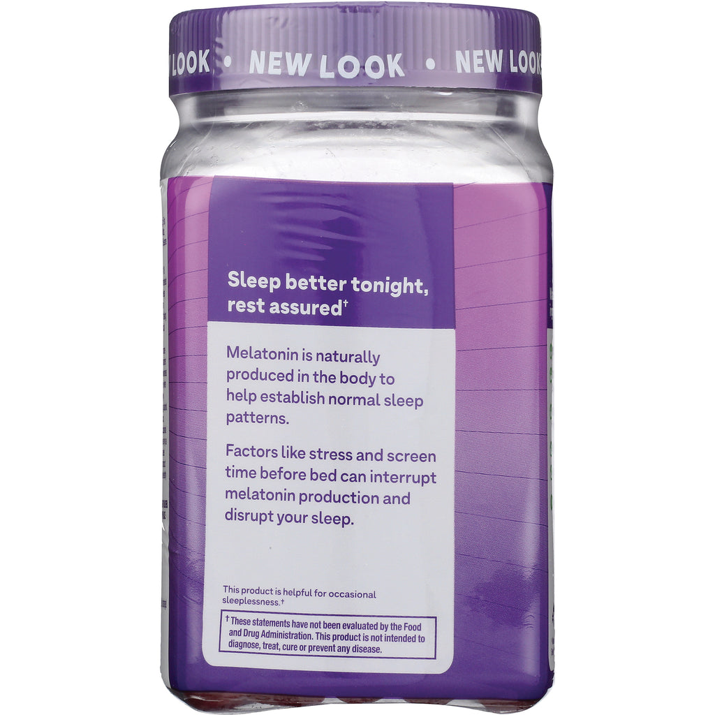 NA627 | Purple supplement bottle side panel reading Sleep better tonight, rest assured and melatonin info about establishing normal sleep patterns - Thumbnail