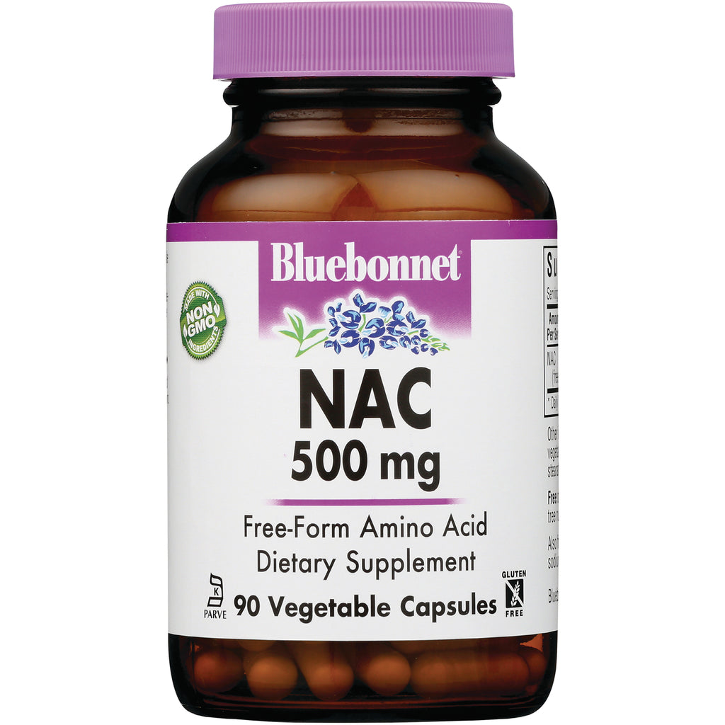 BLU103 | Bluebonnet NAC 500 mg bottle front label showing Free-Form Amino Acid dietary supplement, 90 vegetable capsules - Thumbnail