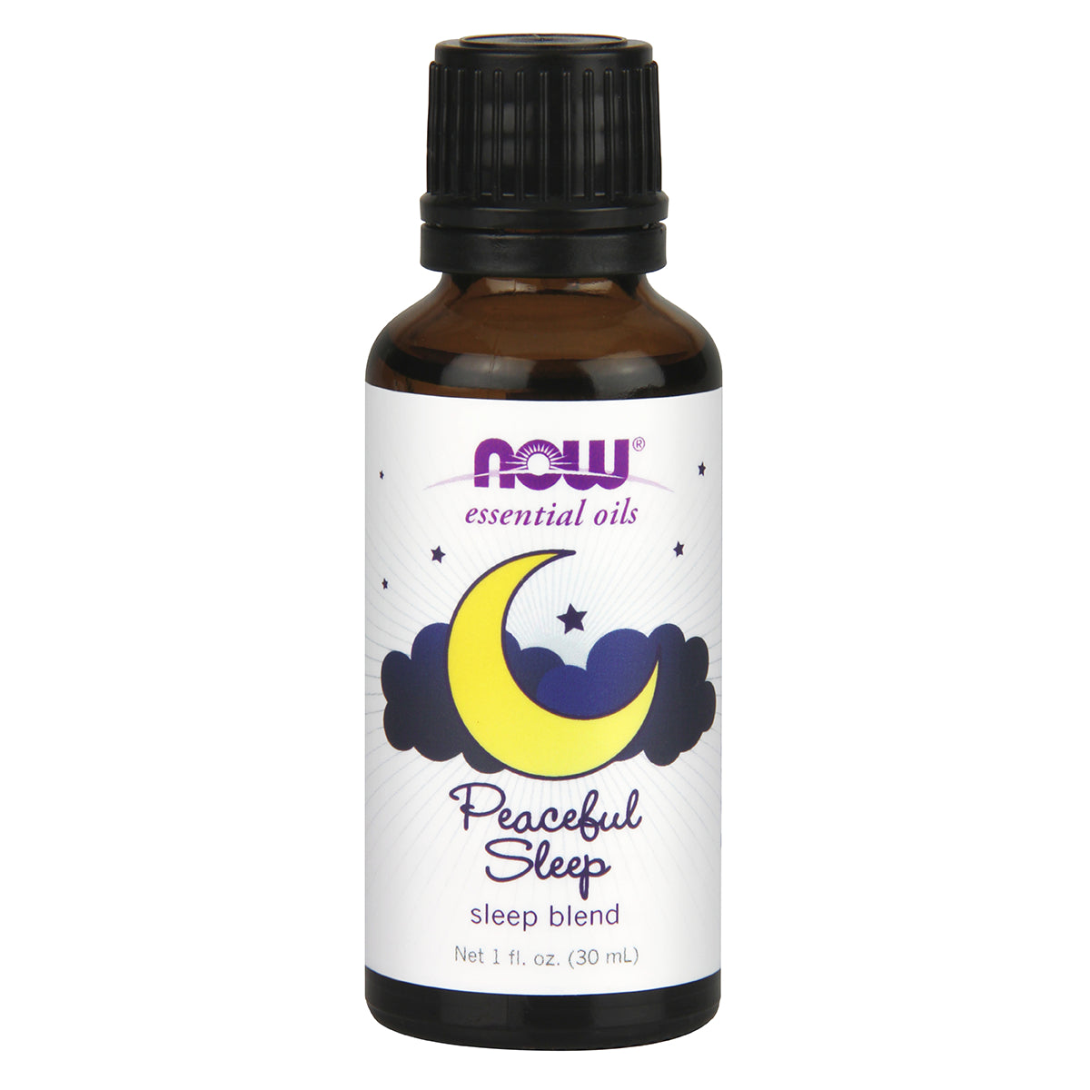 NWF1228 | NOW essential oils Peaceful Sleep sleep blend in 1 fl oz amber bottle with black cap