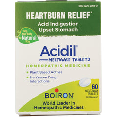 BRN014 | Box front showing Acidil Meltaway Tablets homeopathic heartburn relief 60 meltaway tablets Boiron