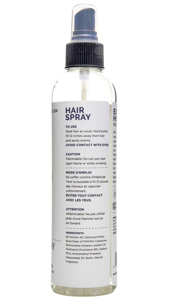 MCB030 | Back of clear hair spray bottle showing label text with usage, caution, and ingredients - Thumbnail