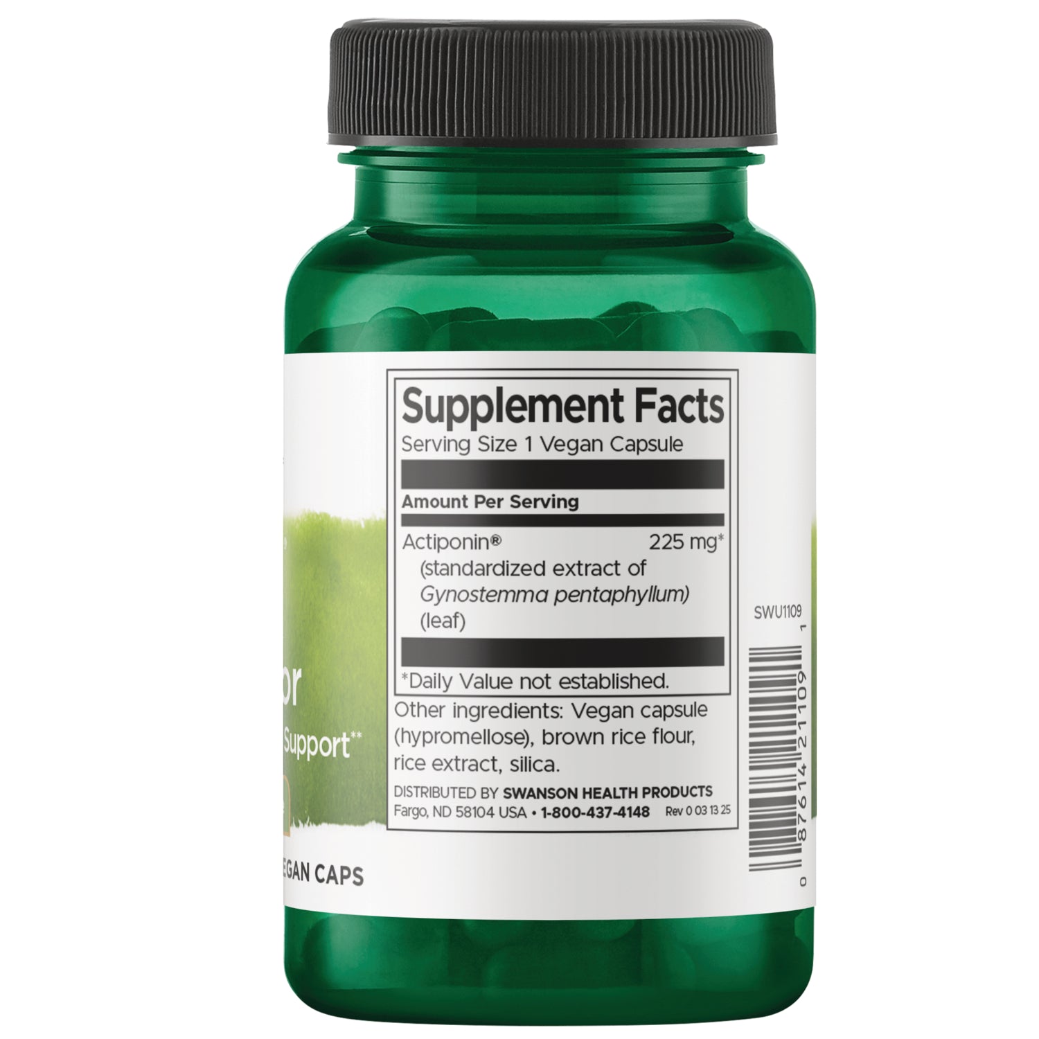 SWU1109 | Back label with Supplement Facts panel, serving size 1 vegan capsule, Actiponin 225 mg, other ingredients listed