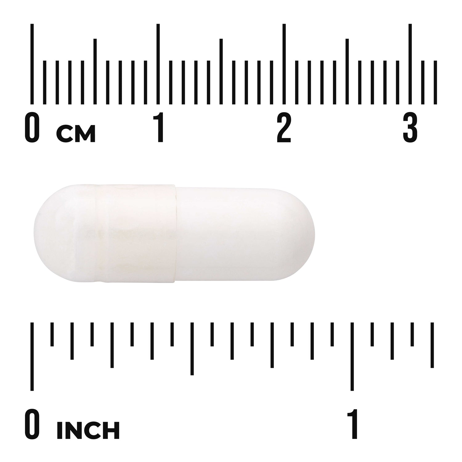 SWU509 | White capsule with cm and inch rulers showing size