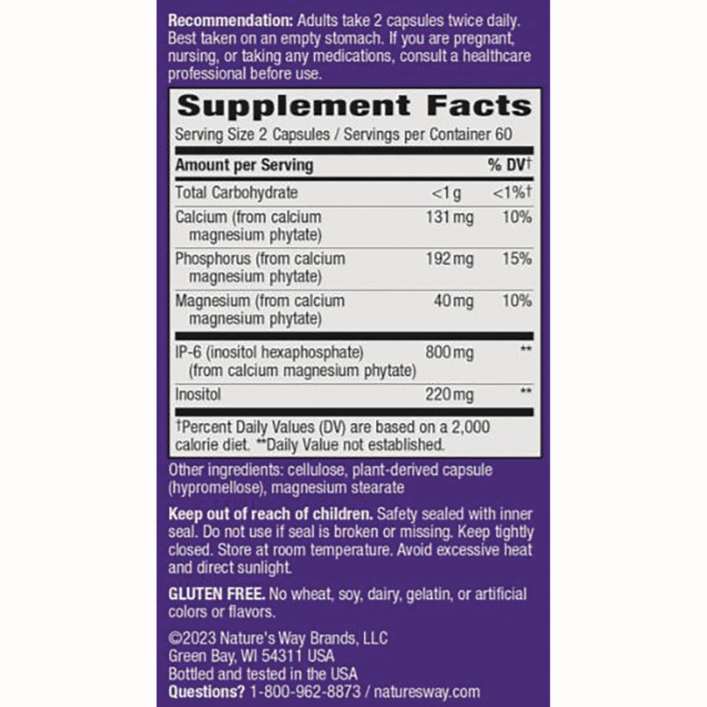 Supplement Facts label showing serving size 2 capsules and nutrient amounts including calcium 131 mg and IP-6 800 mg - Thumbnail