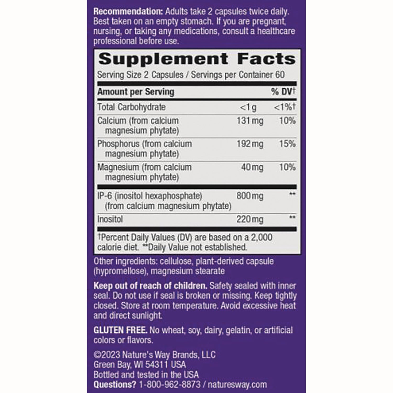 Supplement Facts label showing serving size 2 capsules and nutrient amounts including calcium 131 mg and IP-6 800 mg