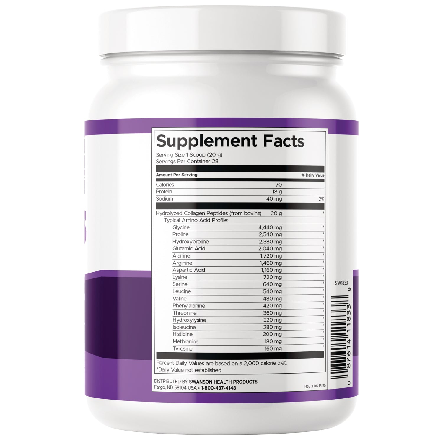 SW1833 | Back label showing Supplement Facts for hydrolyzed collagen peptides; serving size 1 scoop (20 g), 28 servings