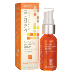 ADN026 | Andalou Naturals Turmeric + C Enlighten Serum brightening bottle and box, NEW LOOK, Non-GMO