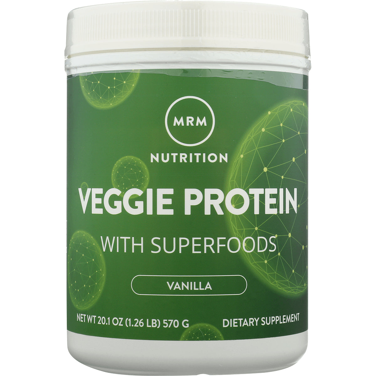 MRM017 | Green tub of MRM Nutrition Veggie Protein with Superfoods vanilla dietary supplement, front view