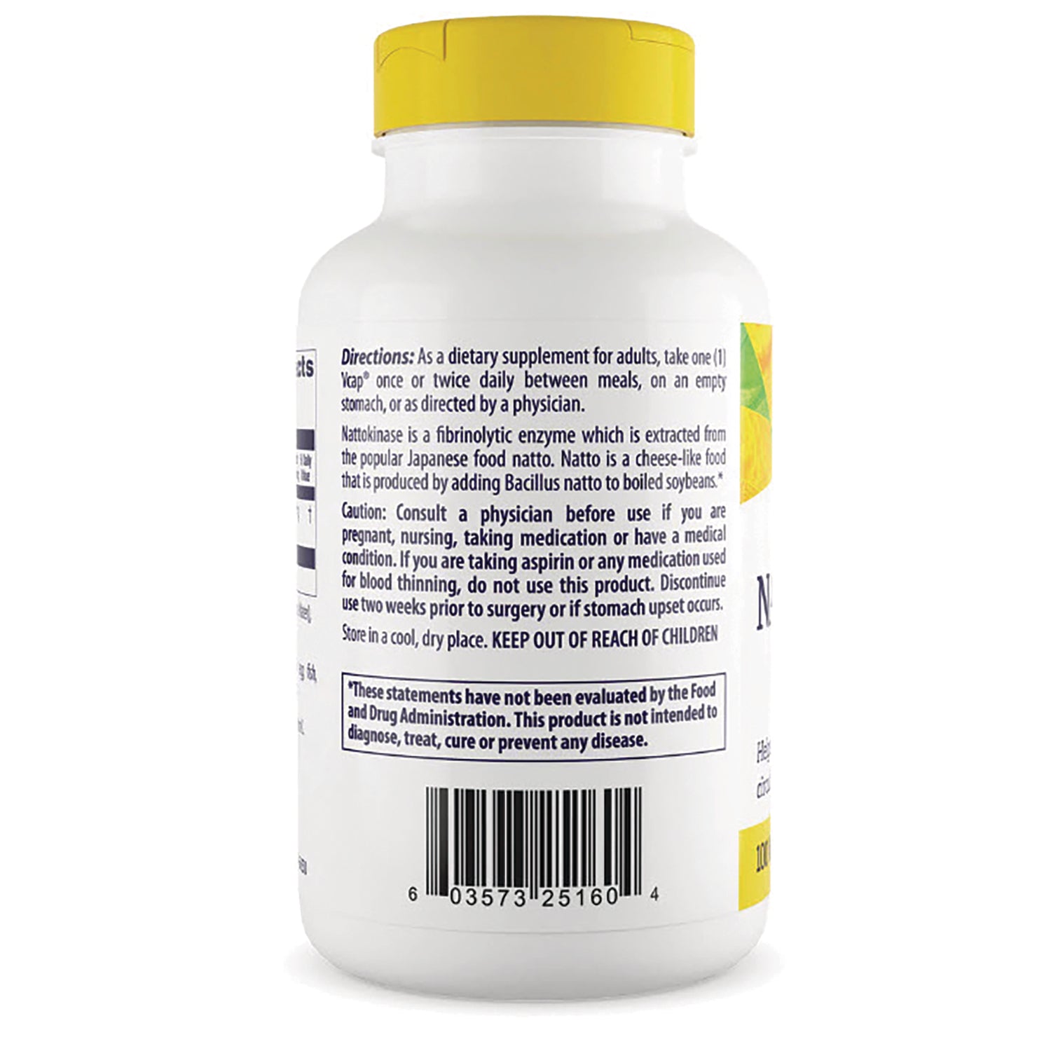HRG029 | Back of white supplement bottle with yellow cap showing directions, caution text, disclaimer box and barcode