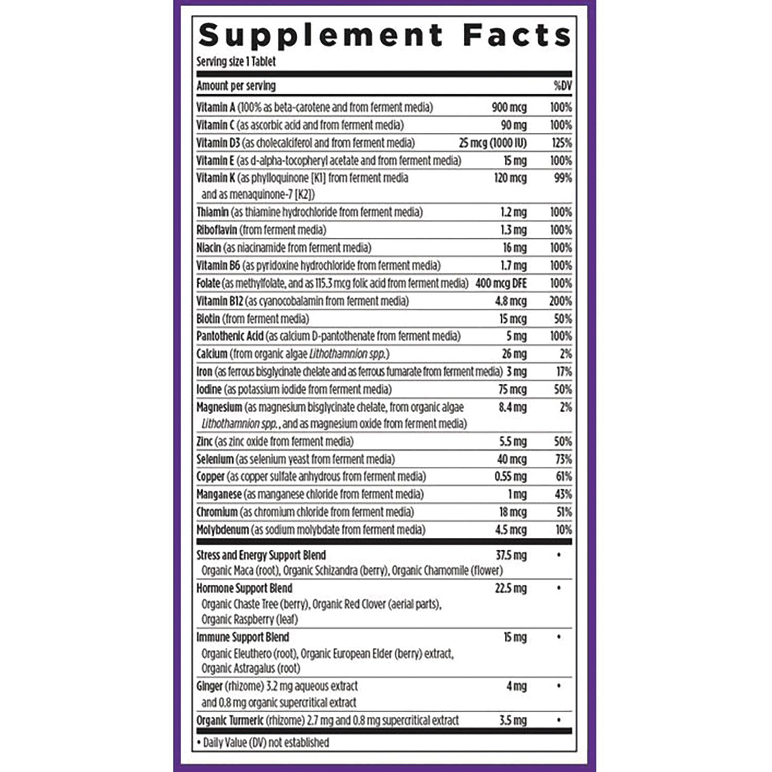 NWC144 | Supplement Facts label showing vitamins, minerals, ingredient blends and amounts per tablet