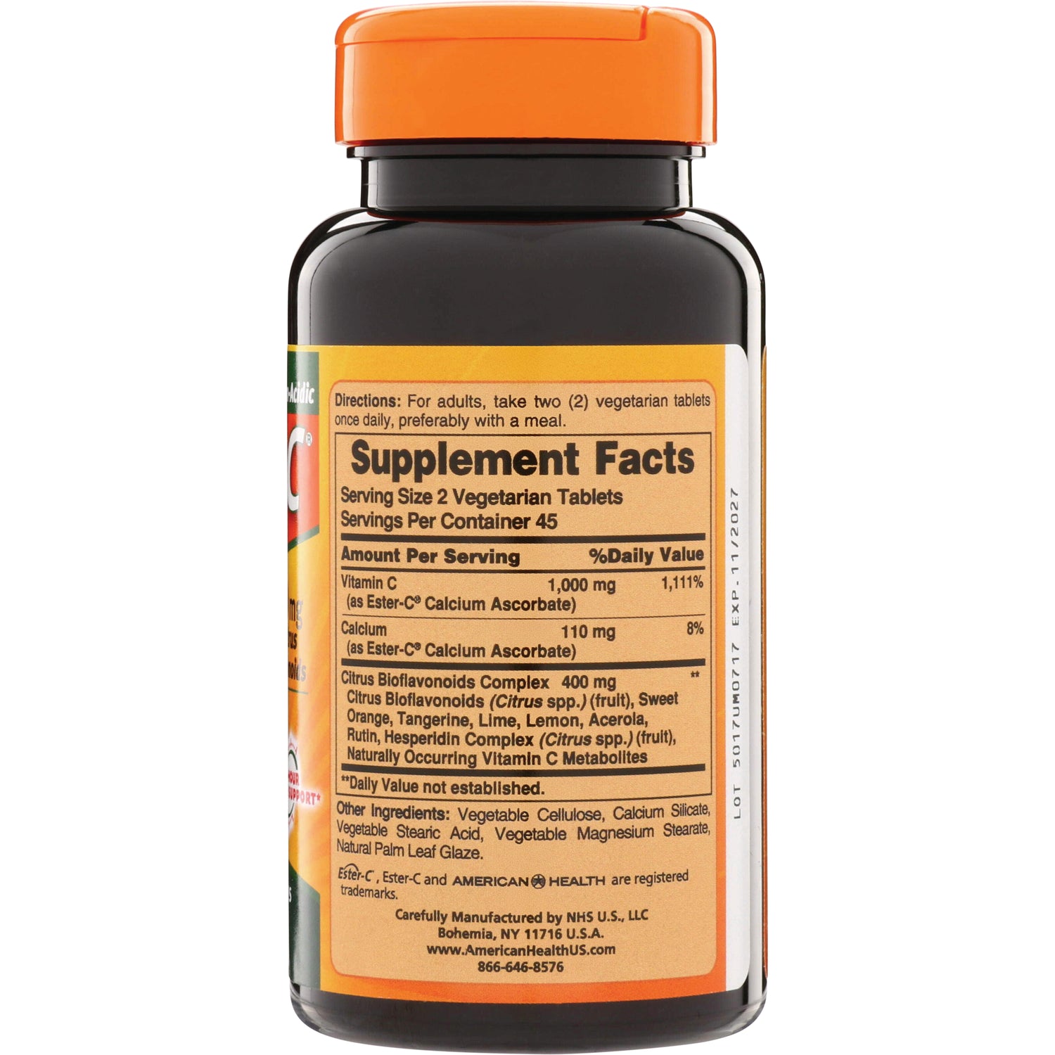 AM117 | Supplement Facts panel showing serving size 2 vegetarian tablets and Vitamin C 1,000 mg