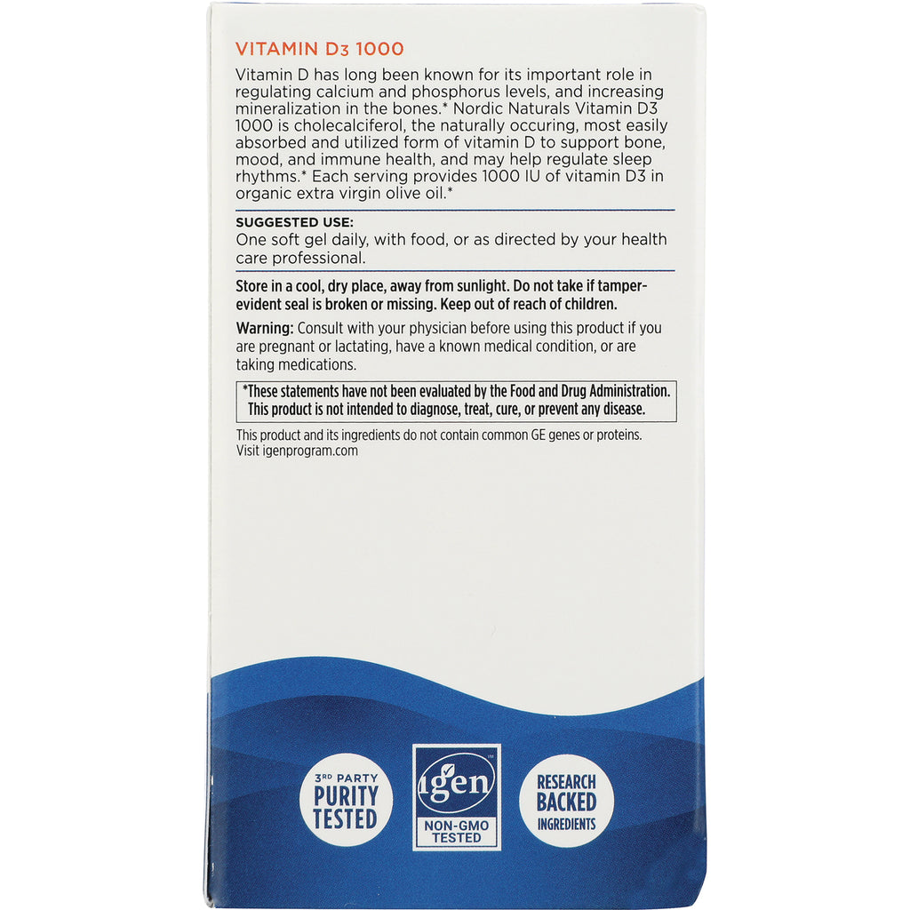 NRN063 | back of Vitamin D3 1000 supplement box with suggested use, warning text, and certification logos - Thumbnail