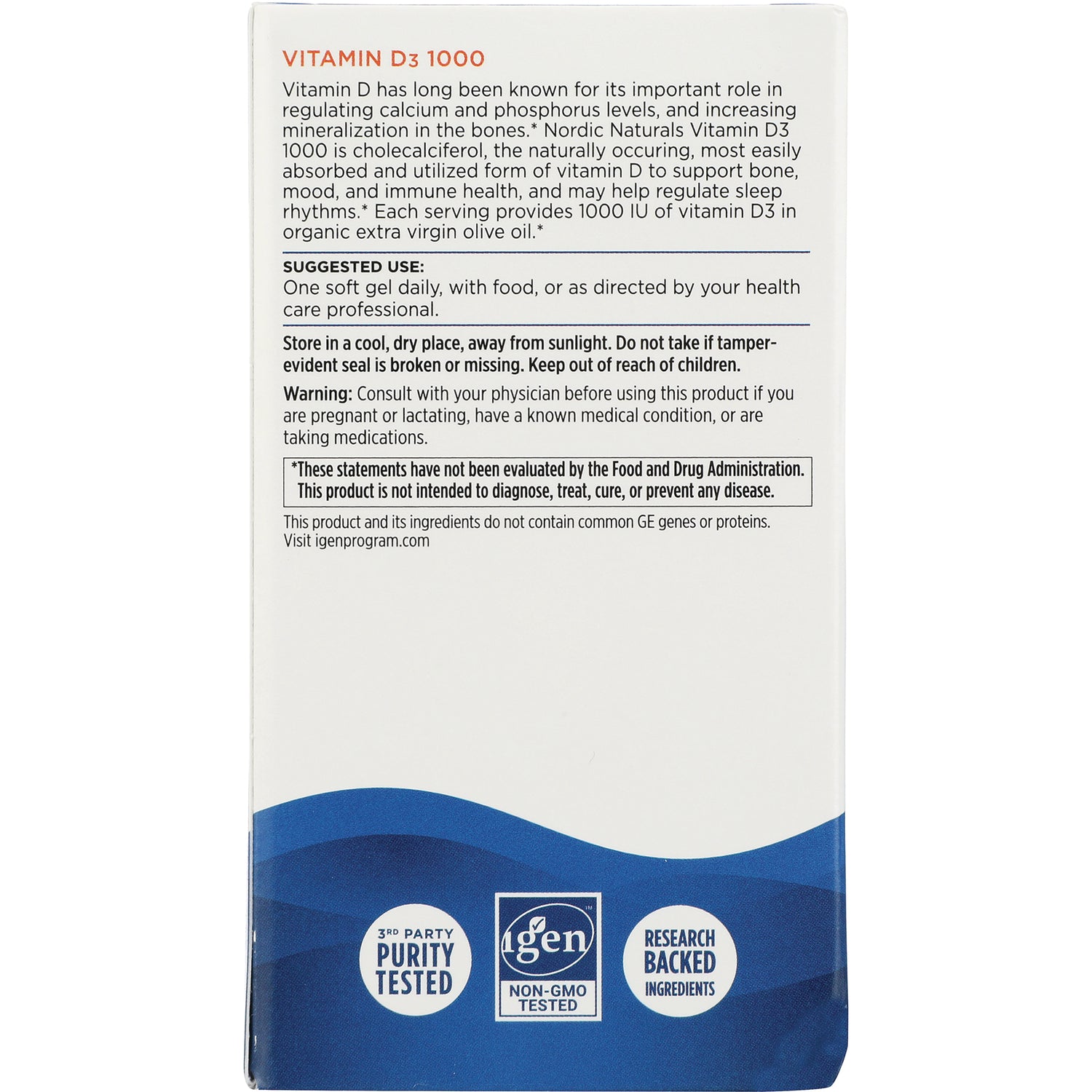NRN063 | back of Vitamin D3 1000 supplement box with suggested use, warning text, and certification logos