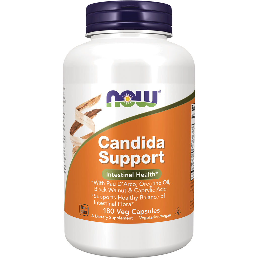 NWF661 | NOW Candida Support supplement bottle, orange label reading Candida Support Intestinal Health 180 Veg Capsules - Thumbnail
