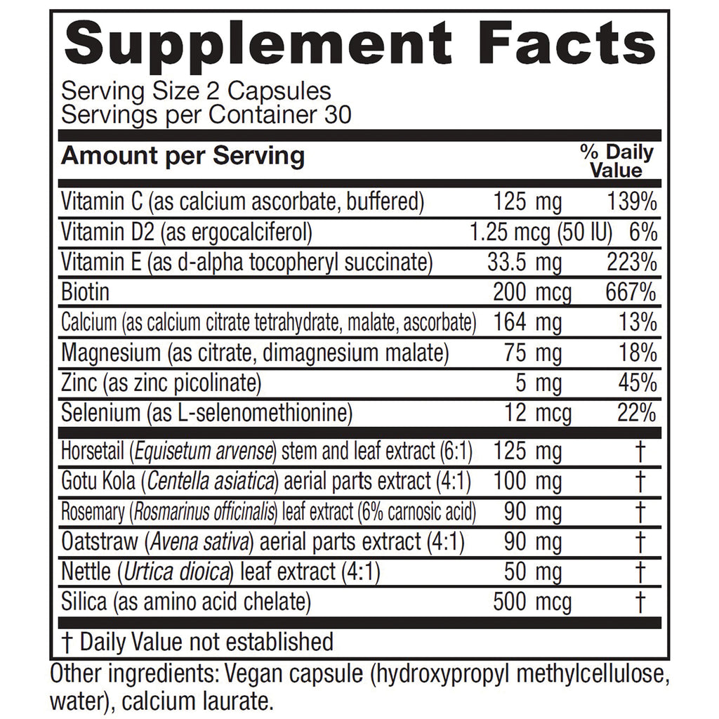 VNA019 | Supplement Facts panel showing Serving Size 2 Capsules, 30 servings, vitamins, minerals, and herbal extracts - Thumbnail