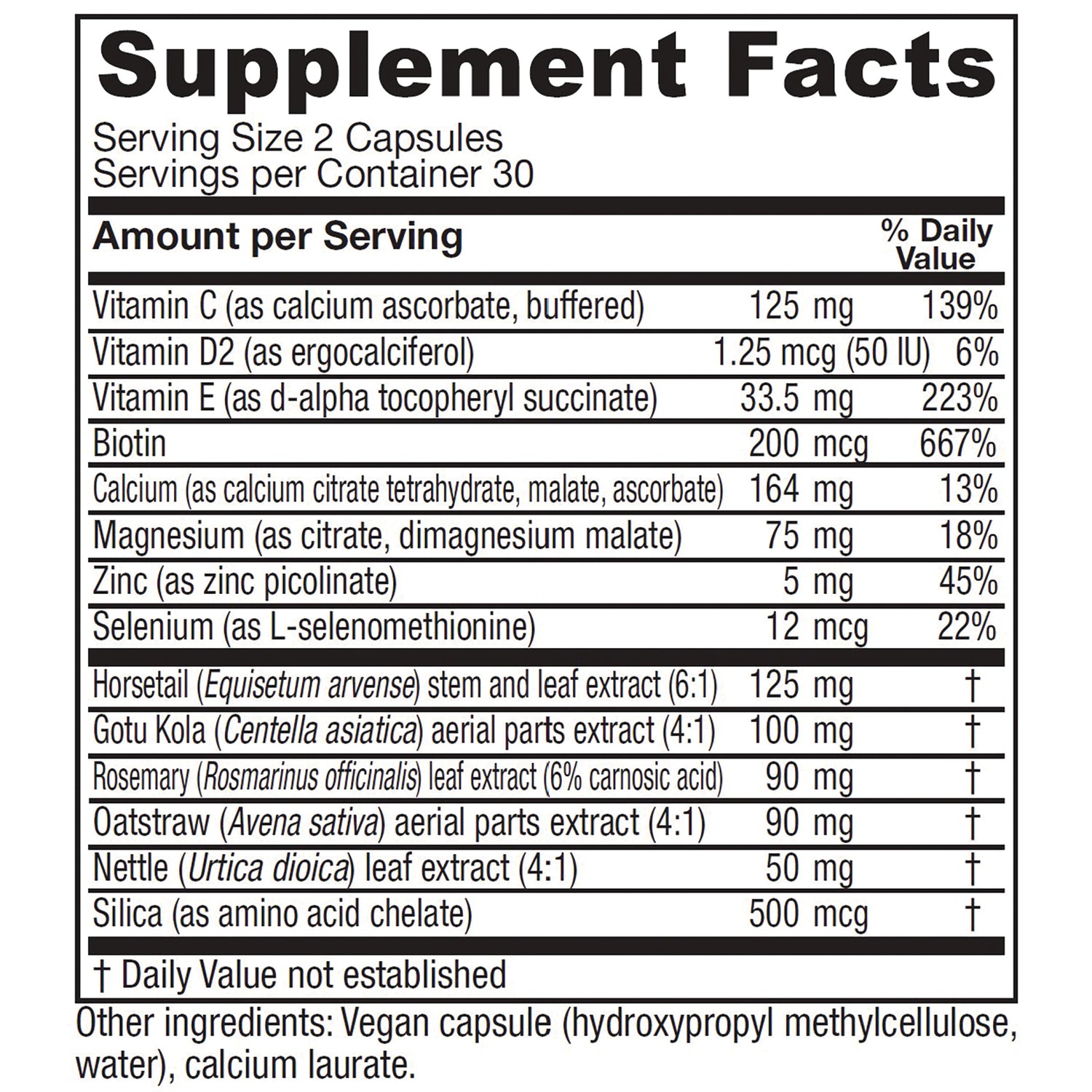 VNA019 | Supplement Facts panel showing Serving Size 2 Capsules, 30 servings, vitamins, minerals, and herbal extracts