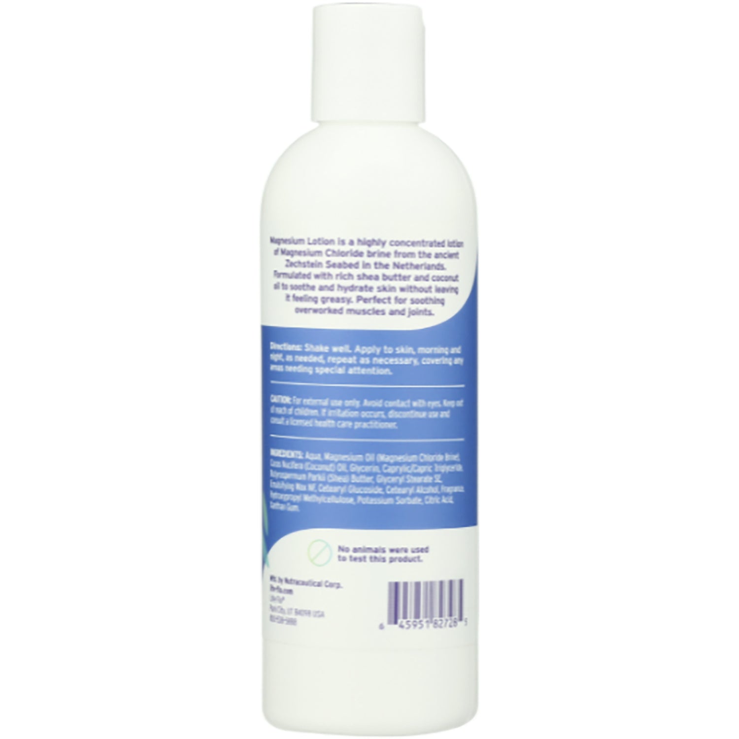 LFH082 | back of white lotion bottle showing directions, ingredients panel and barcode