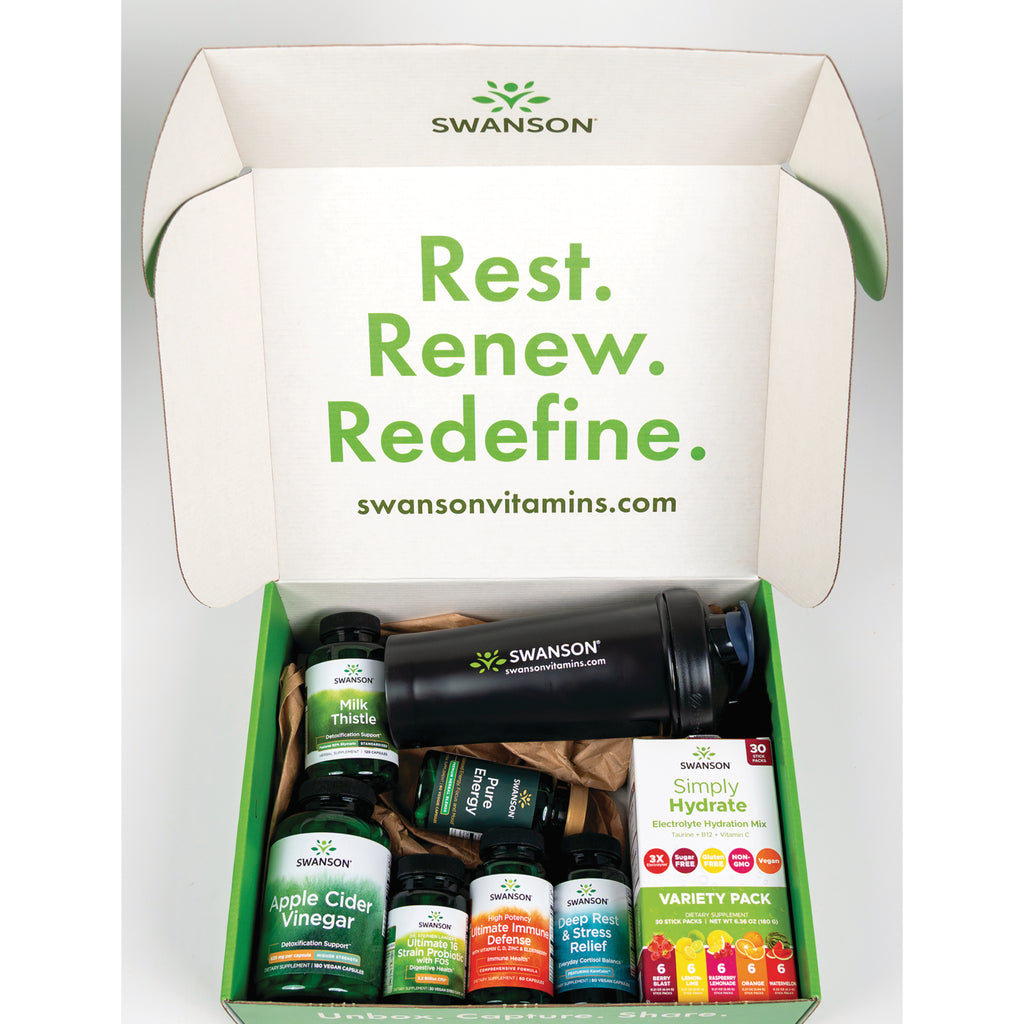 SW1980 | Open Swanson box with supplements and 'Rest. Renew. Redefine.' swansonvitamins.com - Thumbnail