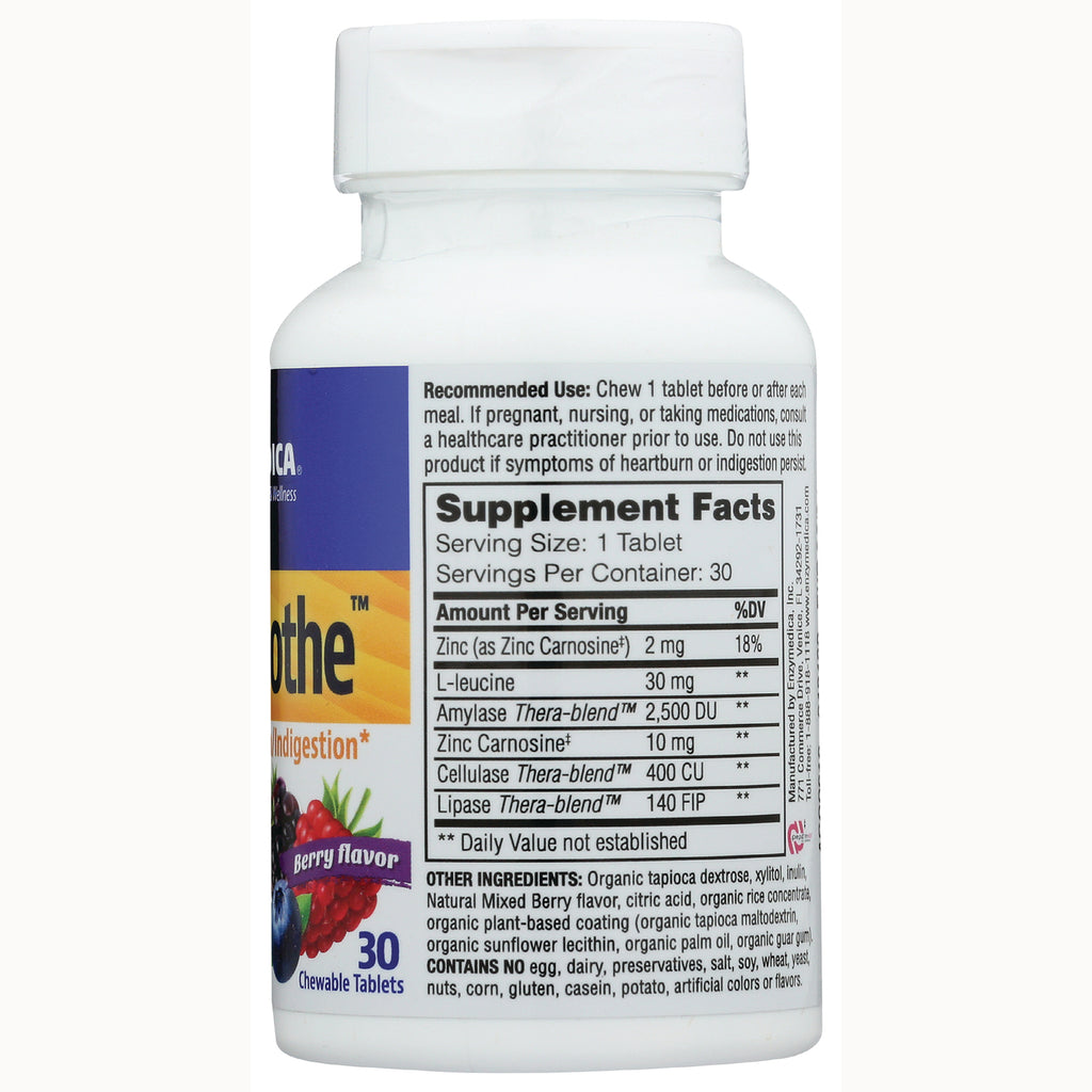 EMD062 | Back of white supplement bottle showing Supplement Facts table, recommended use, berry flavor label, 30 chewable tablets - Thumbnail