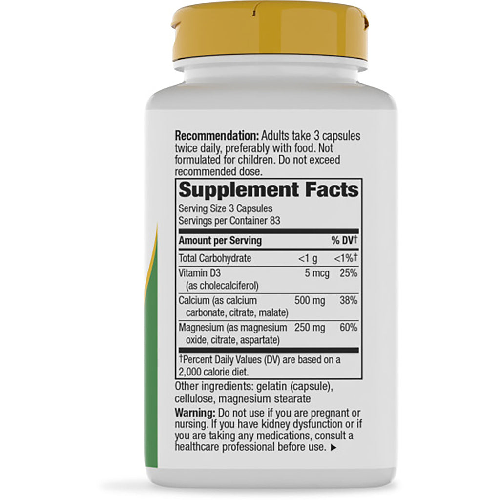 NW373 | Back label showing Supplement Facts panel, serving size 3 capsules, vitamin D3 5 mcg, calcium 500 mg, magnesium 250 mg - Thumbnail