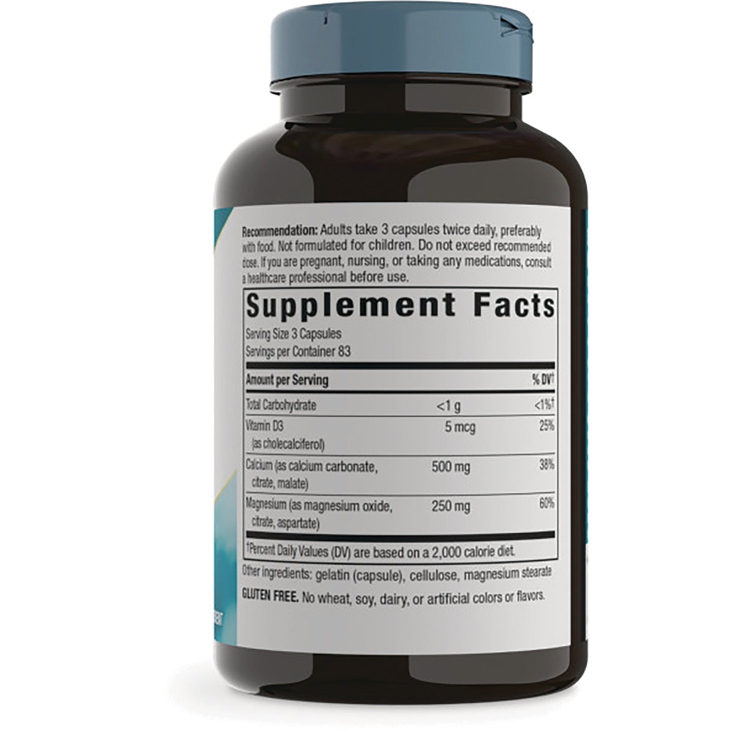 NW373 | Back label showing Supplement Facts panel, serving size 3 capsules, vitamin D3 5 mcg, calcium 500 mg, magnesium 250 mg