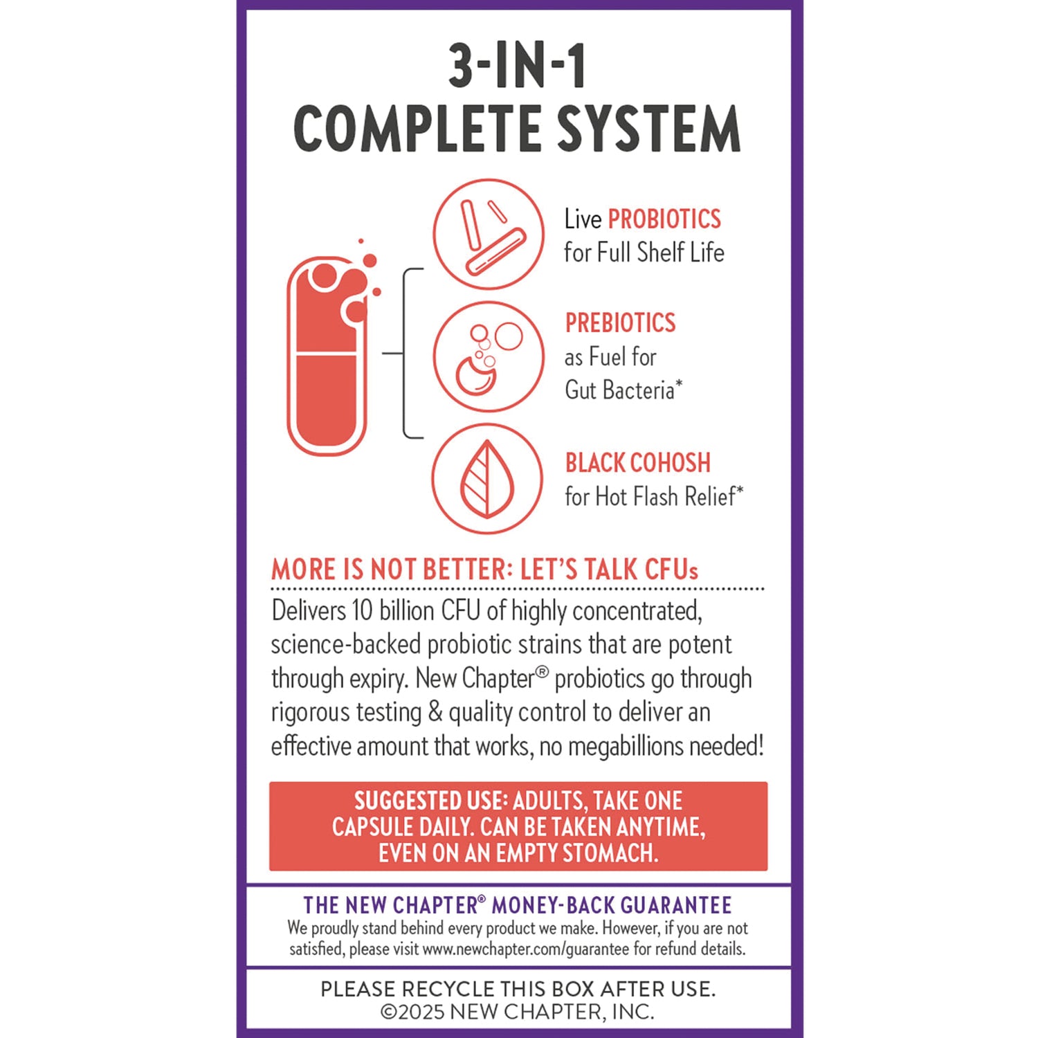 NWC396 | Back panel: 3-IN-1 COMPLETE SYSTEM icons, probiotics, prebiotics, black cohosh, suggested use and recycle note