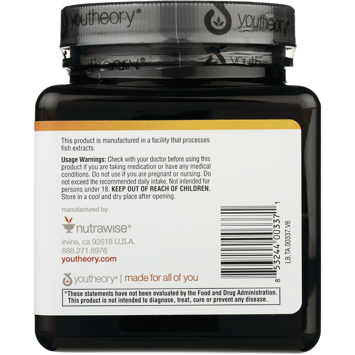 YOU008 | Back label with Usage Warnings, storage directions, Nutrawise info, and barcode